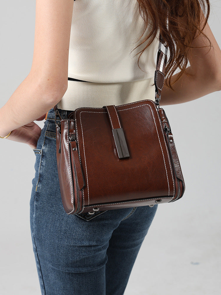 Genuine Leather Crossbody Bucket Bag Vintage Style Shoulder Purse