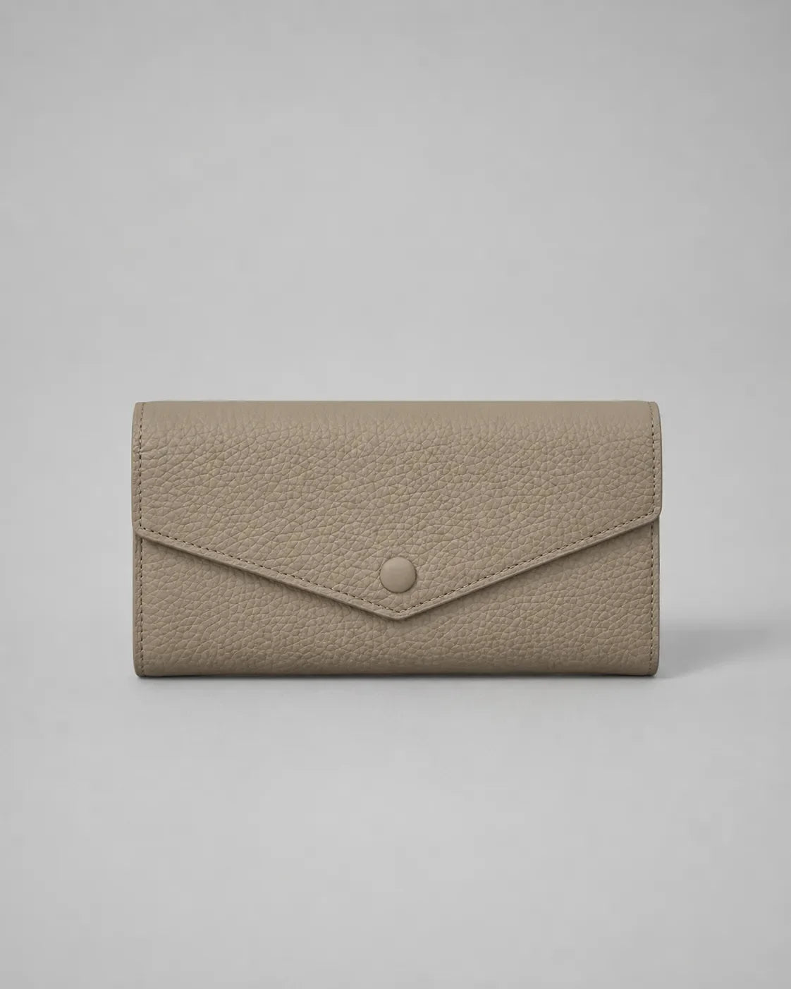 Leather Envelope Wallet in Elephant Gray genuine leather featuring an elegant envelope flap design, textured leather finish and snap button closure. Women's leather wallet by Malena London.