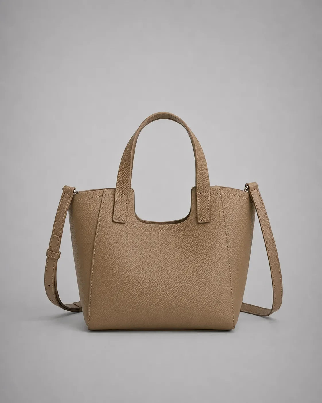 Louise leather tote bag in elephant grey genuine leather featuring structured silhouette, top handles and detachable shoulder strap, front view