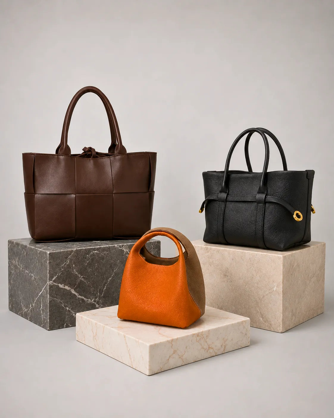 Three Malena London genuine leather bags displayed on marble plinths in a minimalist studio setting, showcasing timeless design, premium craftsmanship and modern European elegance.