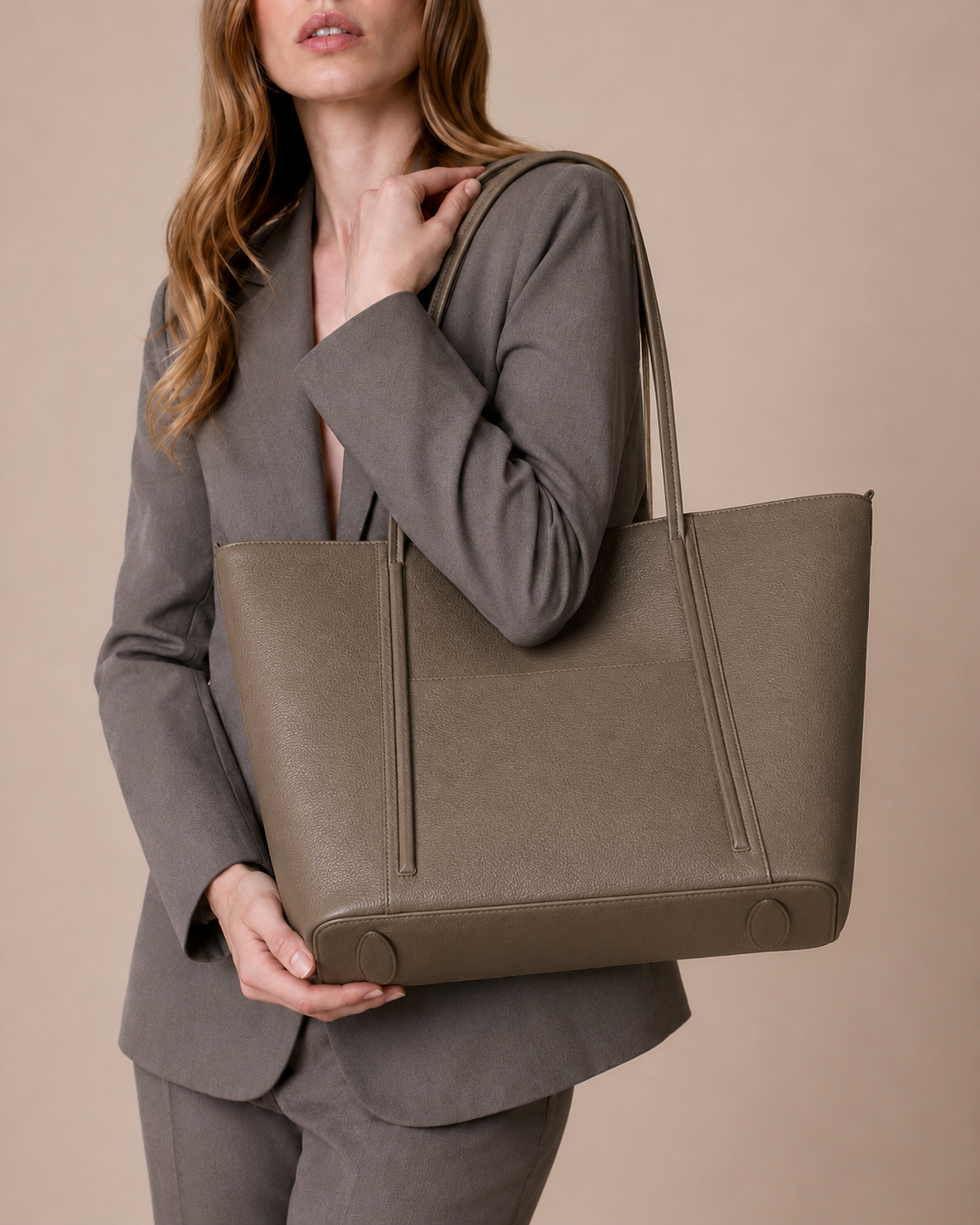 Close-up of The Vivienne genuine leather work tote bag, showcasing its spacious silhouette, premium Togo leather, refined craftsmanship and elegant everyday design for modern women.