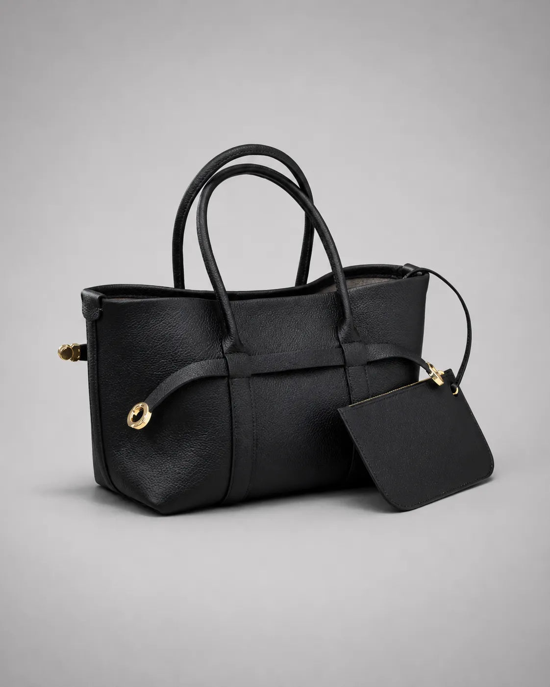 Rose Leather Tote Bag in Black genuine leather displayed at an angled front view with matching detachable pouch, showcasing its spacious design and elegant everyday structure.