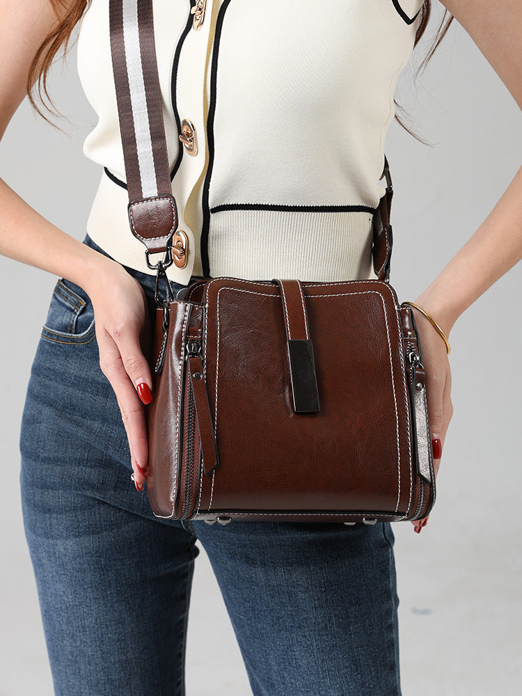 Genuine Leather Crossbody Bucket Bag Vintage Style Shoulder Purse