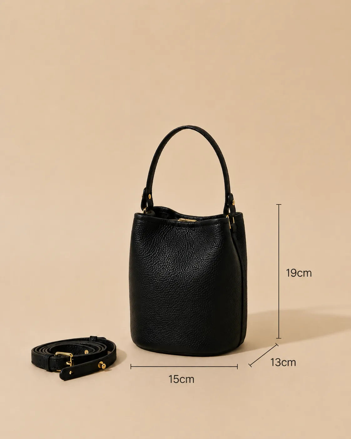 Bonnie genuine leather bucket bag in Black with dimensions 15cm width, 13cm depth and 19cm height, featuring an adjustable shoulder and crossbody strap