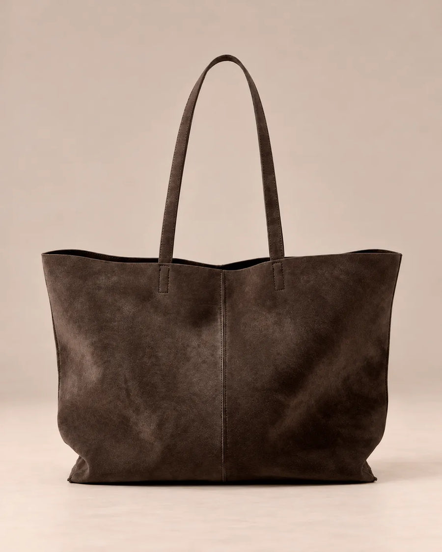 Philippa genuine leather tote bag in dark chocolate with long shoulder handles, front view, by Malena London