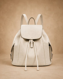 Genevieve leather backpack shown from the back with straps adjusted.