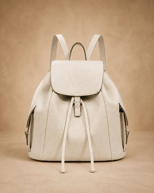 Genevieve leather backpack shown from the back with straps adjusted.