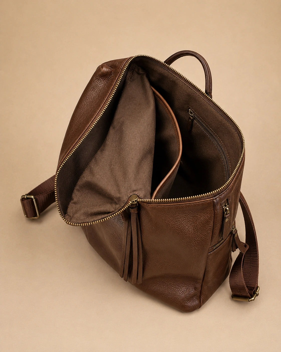 Detail view of the Adeline leather backpack's hardware.