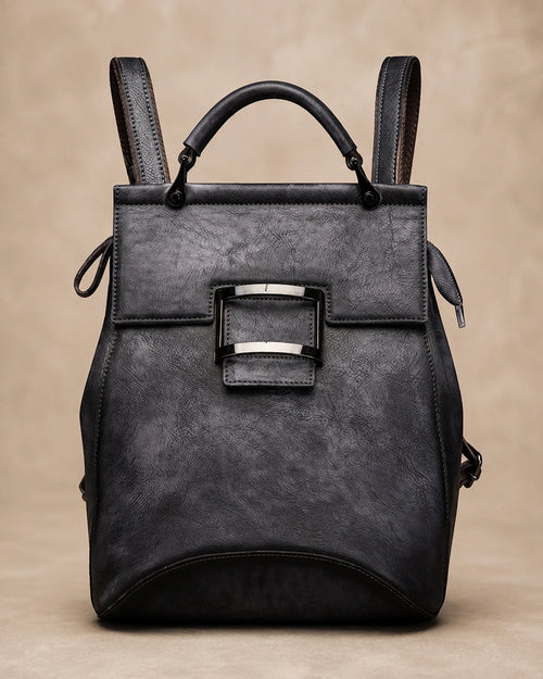 Front view of the Odette vintage genuine leather backpack showing the hand-polished finish.