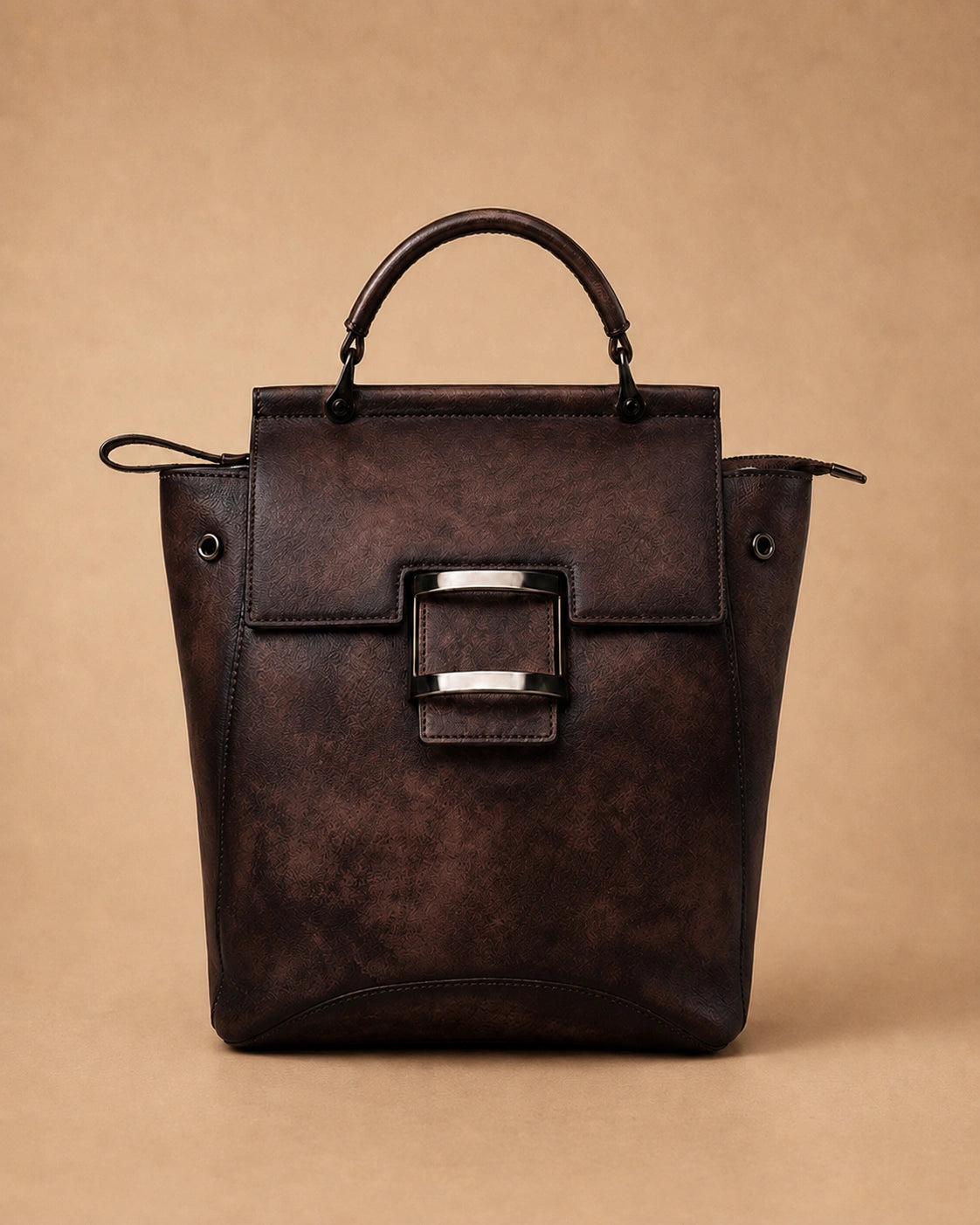 Odette leather backpack shown with the ID holder and sandwich zip pocket.