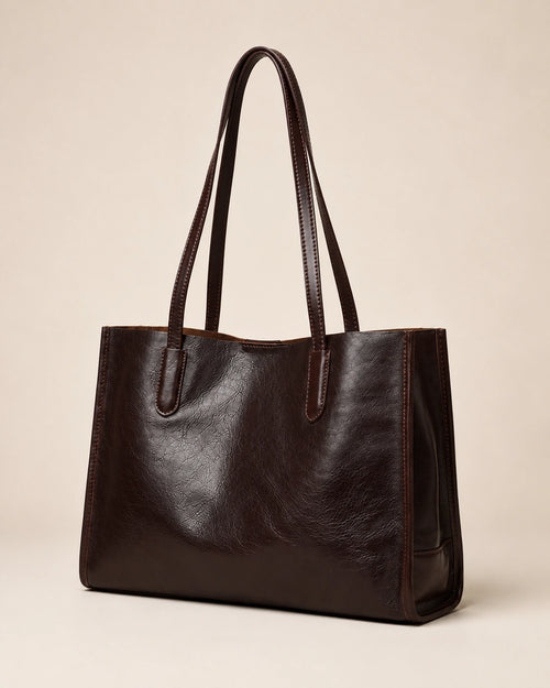 Front view of the Juliette large genuine leather tote bag in dark chocolate