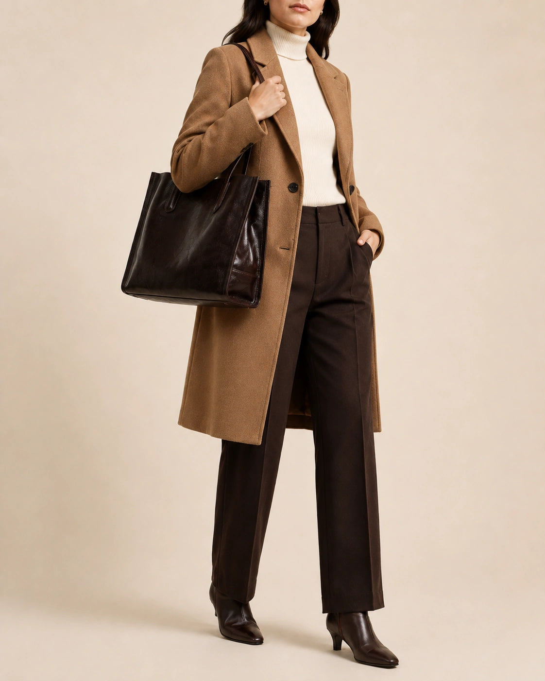 Woman carrying the Juliette large genuine leather tote bag in dark chocolate on the shoulder, side profile
