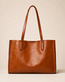 Front view of the Juliette large genuine leather tote bag in tan