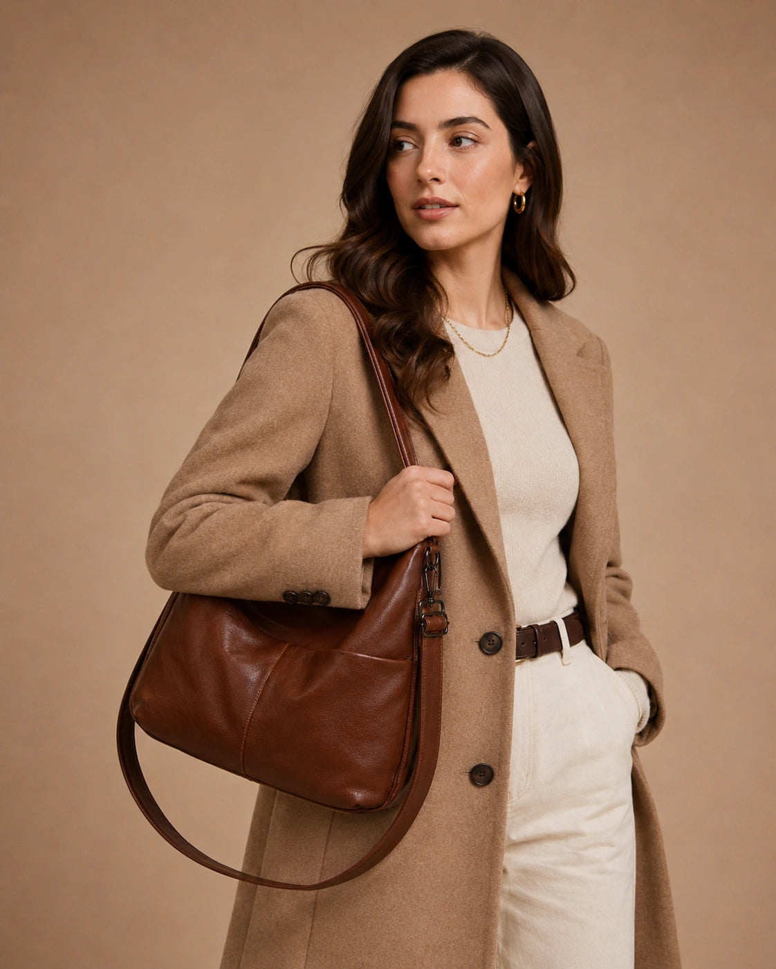 Close-up detail of the Marlowe genuine leather crossbody bag showing the leather texture.