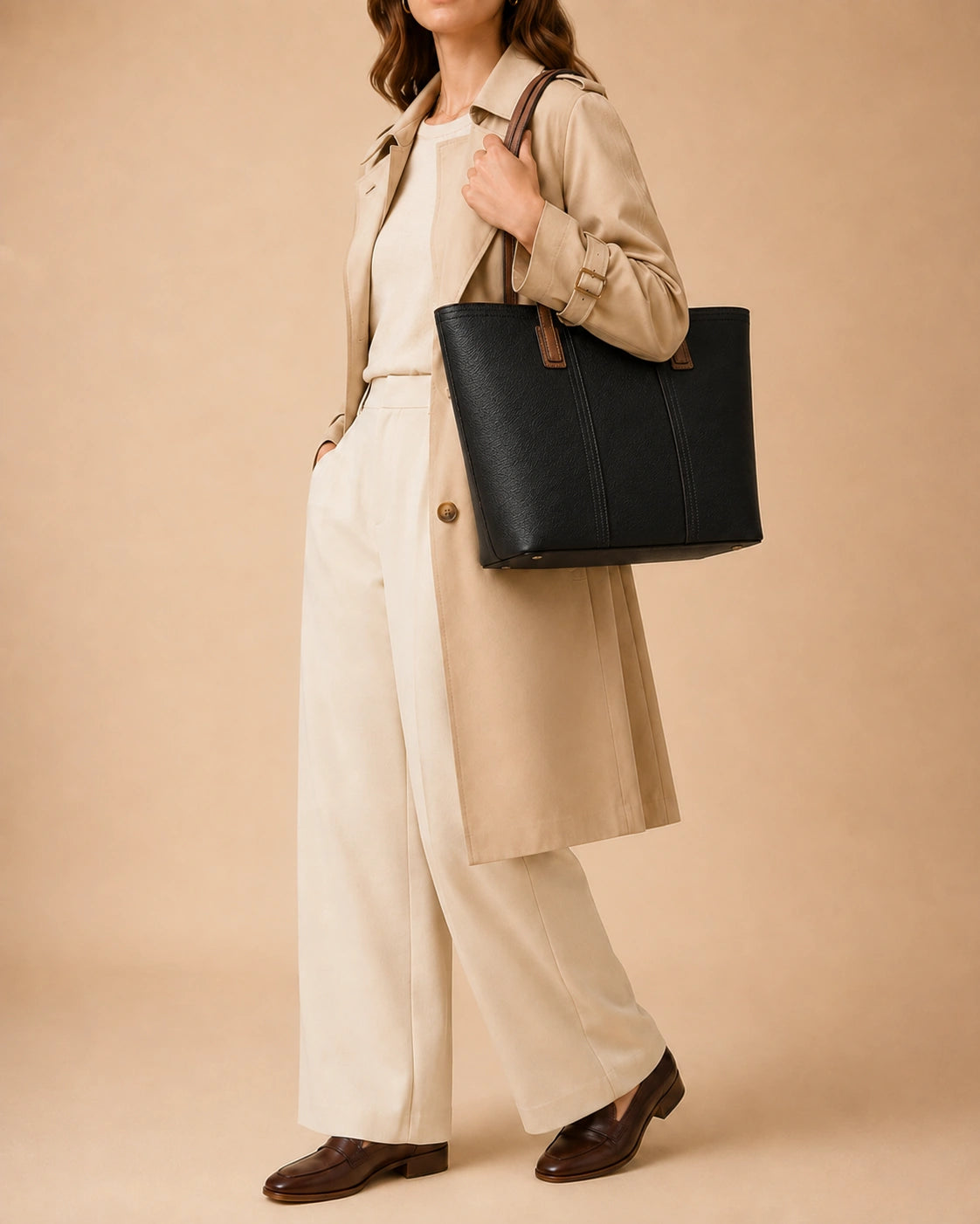 Close-up detail of the Sienna genuine leather tote bag showing the leather texture and hardware.