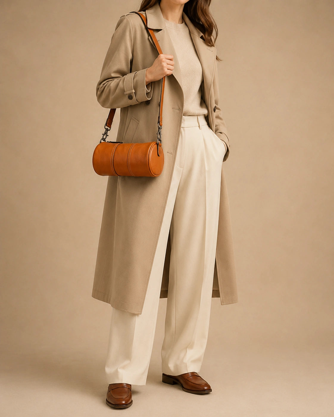 Side view of the Romy genuine leather barrel bag showing the single adjustable shoulder strap.