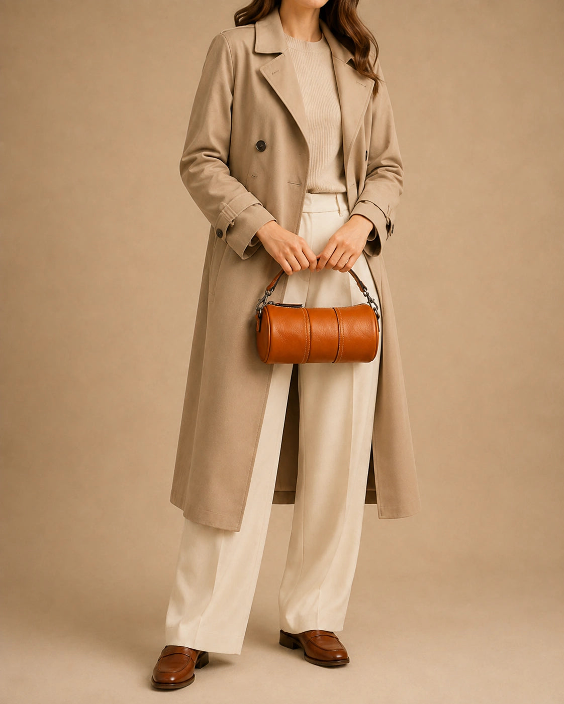 Close-up detail of the Romy genuine leather barrel bag showing the leather texture and stitching.