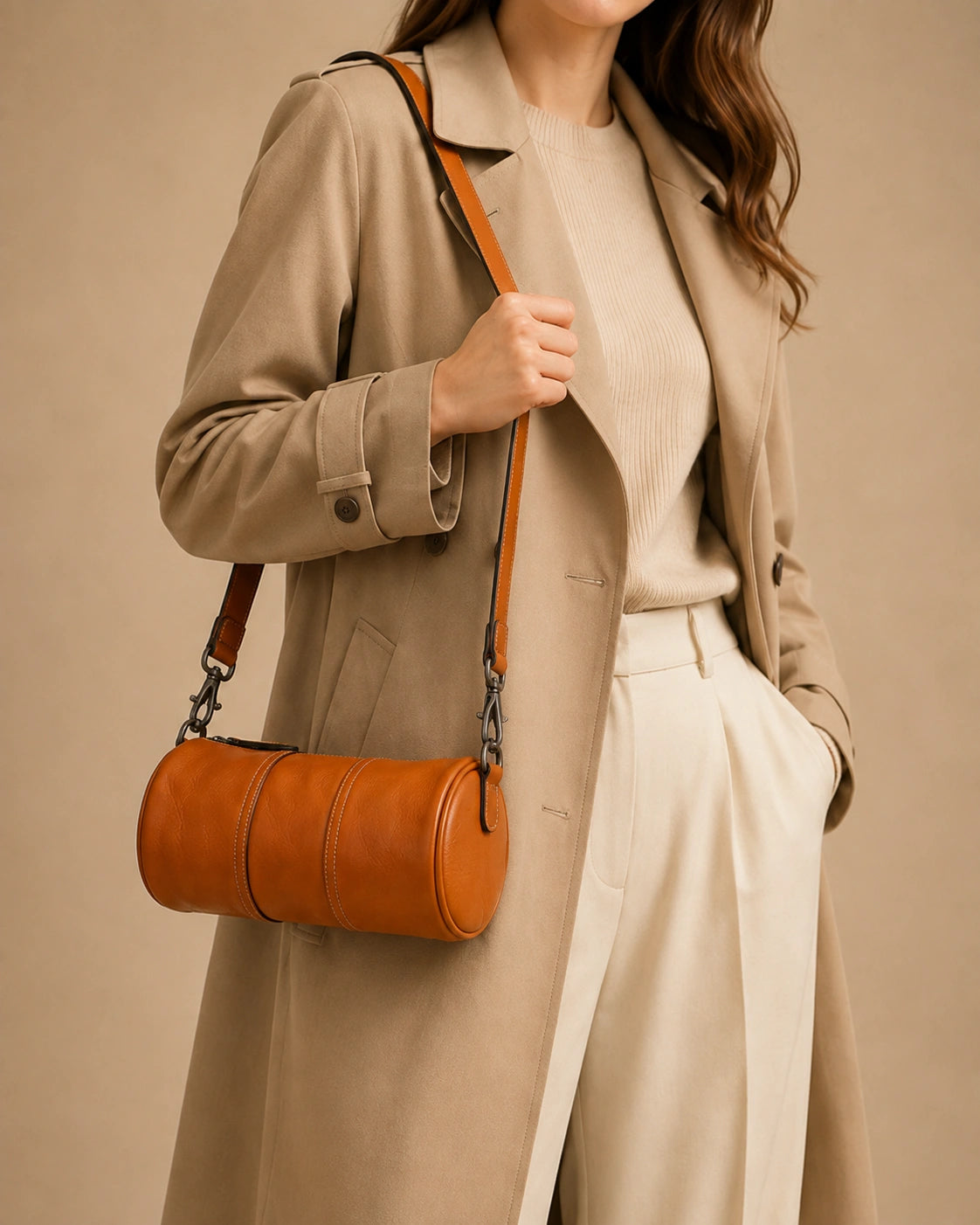 Angled view of the Romy genuine leather barrel bag highlighting the vintage-inspired stitching detail.