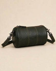 Front view of the Romy genuine leather barrel bag in a further available colourway.