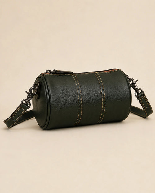 Front view of the Romy genuine leather barrel bag in a further available colourway.