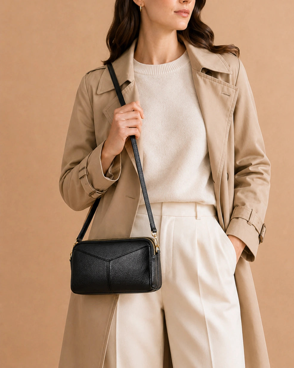 Etta leather crossbody bag worn over the shoulder with the included chain strap.