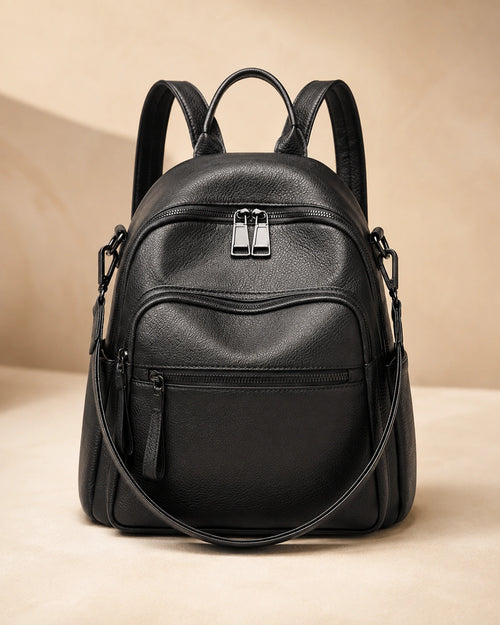 Front view of the Isla lightweight genuine leather travel backpack in black