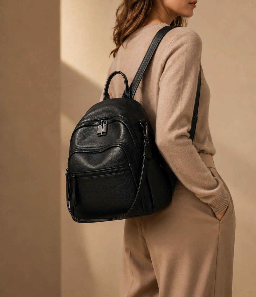 Woman wearing the Isla lightweight genuine leather travel backpack in black on one shoulder