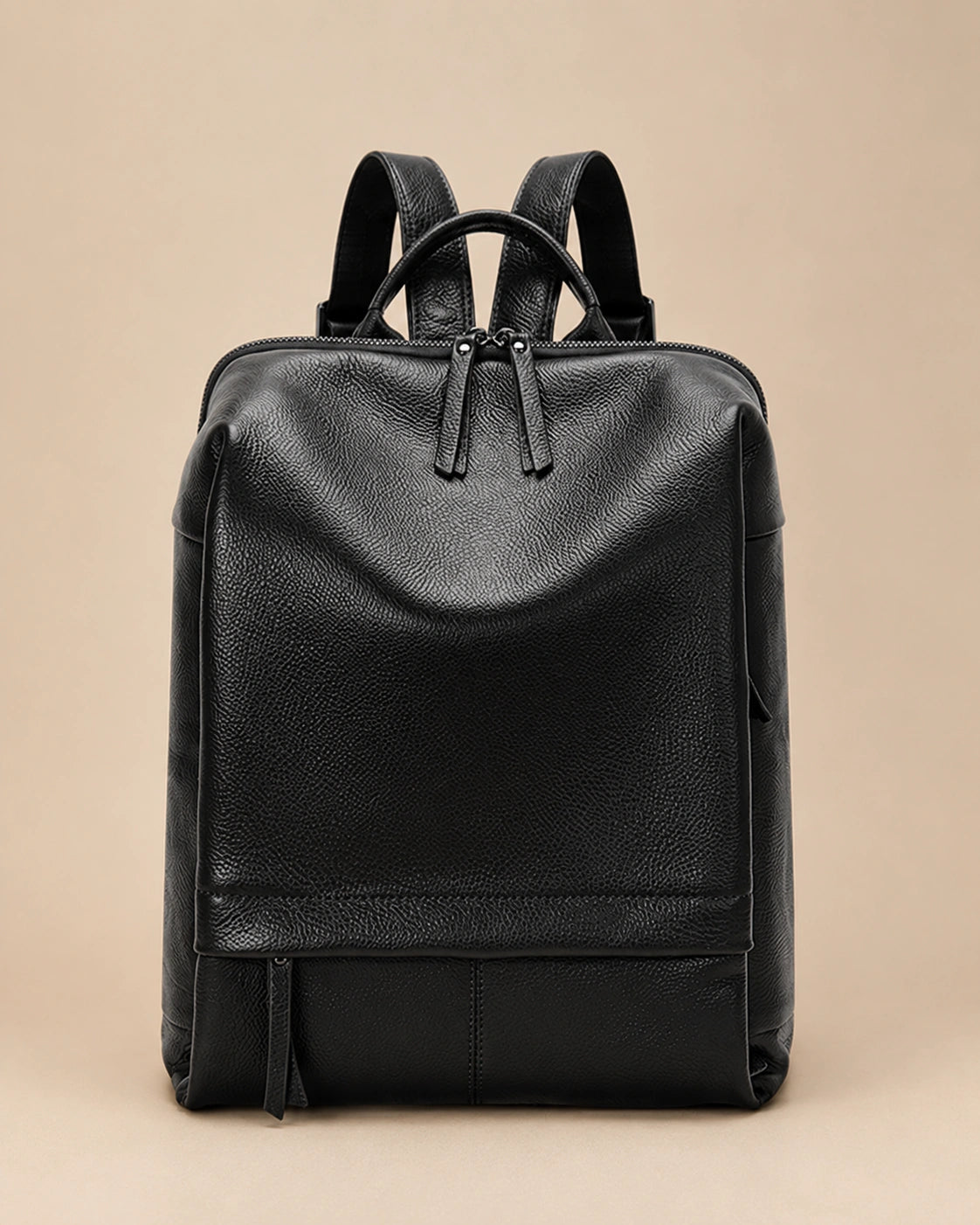 Front view of the Cecily genuine leather backpack with laptop pocket in black