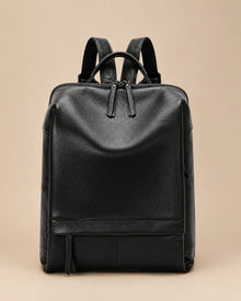 Front view of the Cecily genuine leather backpack with laptop pocket in black