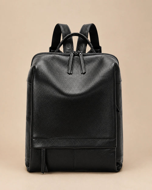 Front view of the Cecily genuine leather backpack with laptop pocket in black