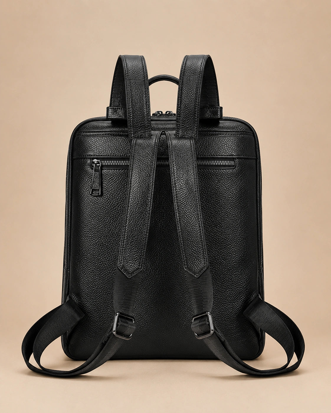 Back view of the Cecily genuine leather backpack with laptop pocket in black showing the adjustable straps