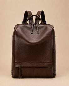 Front view of the Cecily genuine leather backpack with laptop pocket in brown