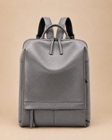 Front view of the Cecily genuine leather backpack with laptop pocket in grey