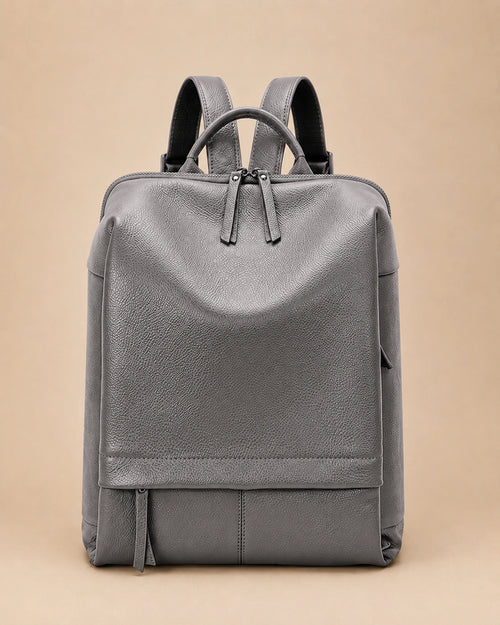 Front view of the Cecily genuine leather backpack with laptop pocket in grey