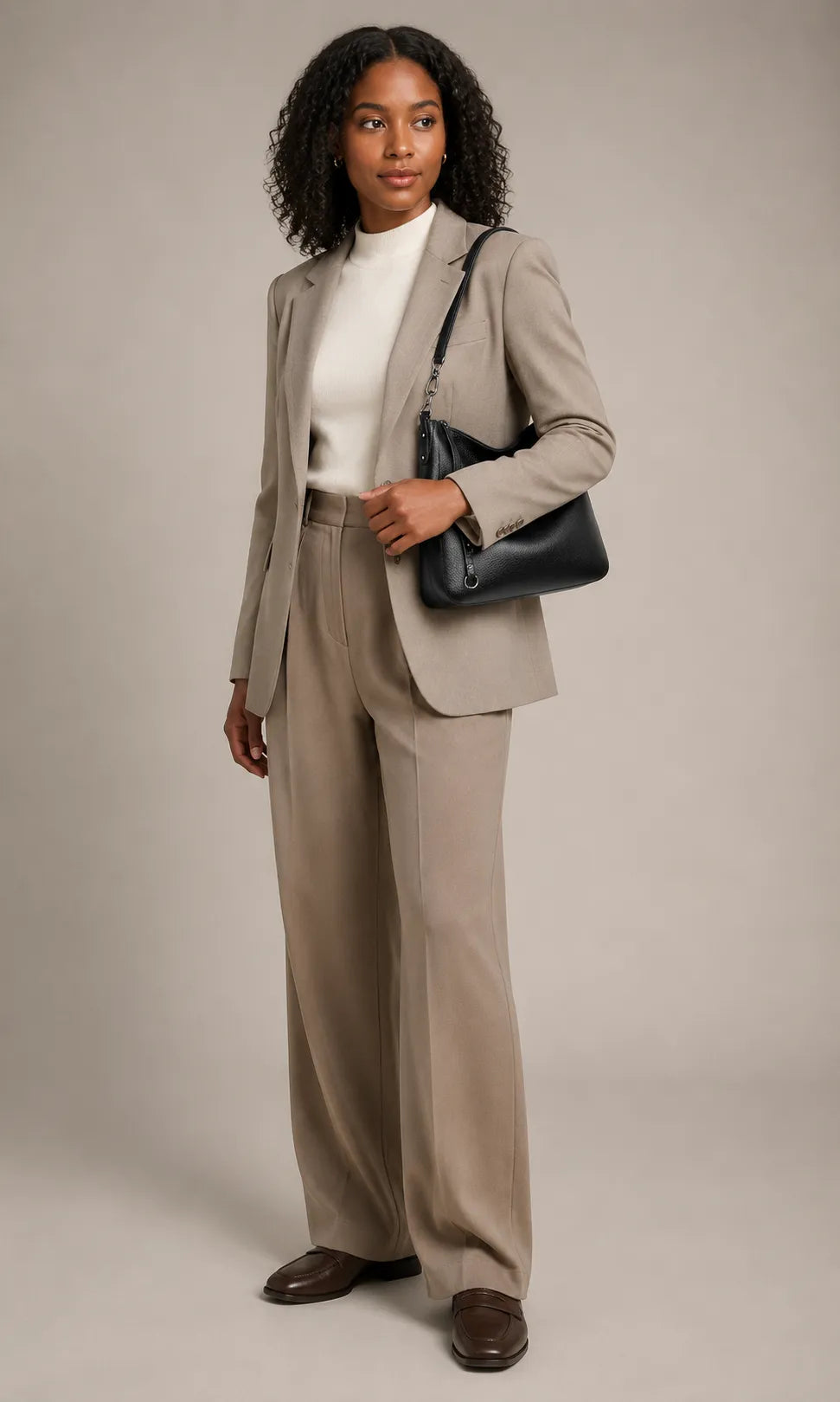 Close view of a woman wearing the Noémie soft genuine leather hobo shoulder bag in black on the shoulder while walking.