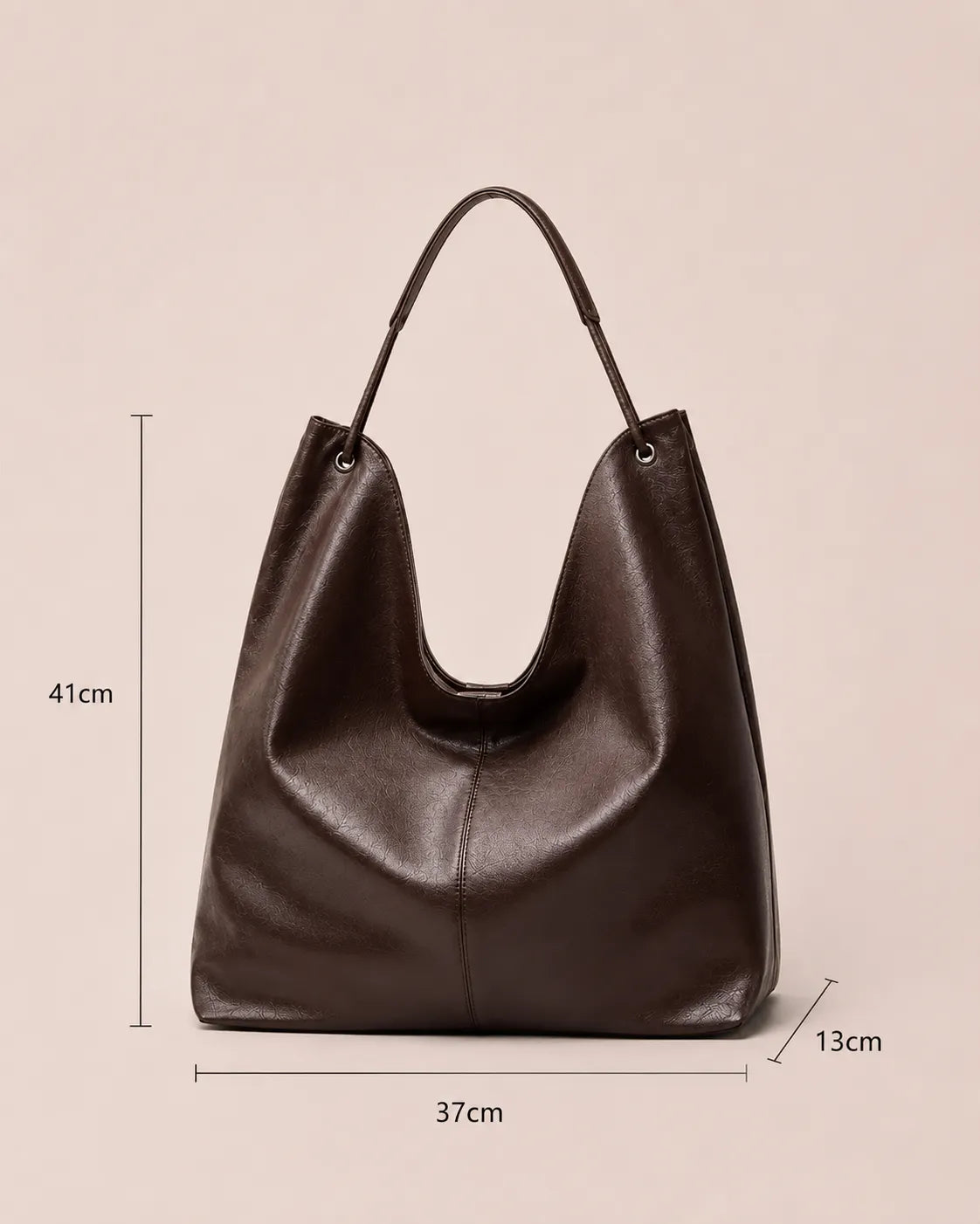 Dimensions of the Colette dark chocolate leather hobo tote bag measuring 37 cm wide, 41 cm high and 13 cm deep.