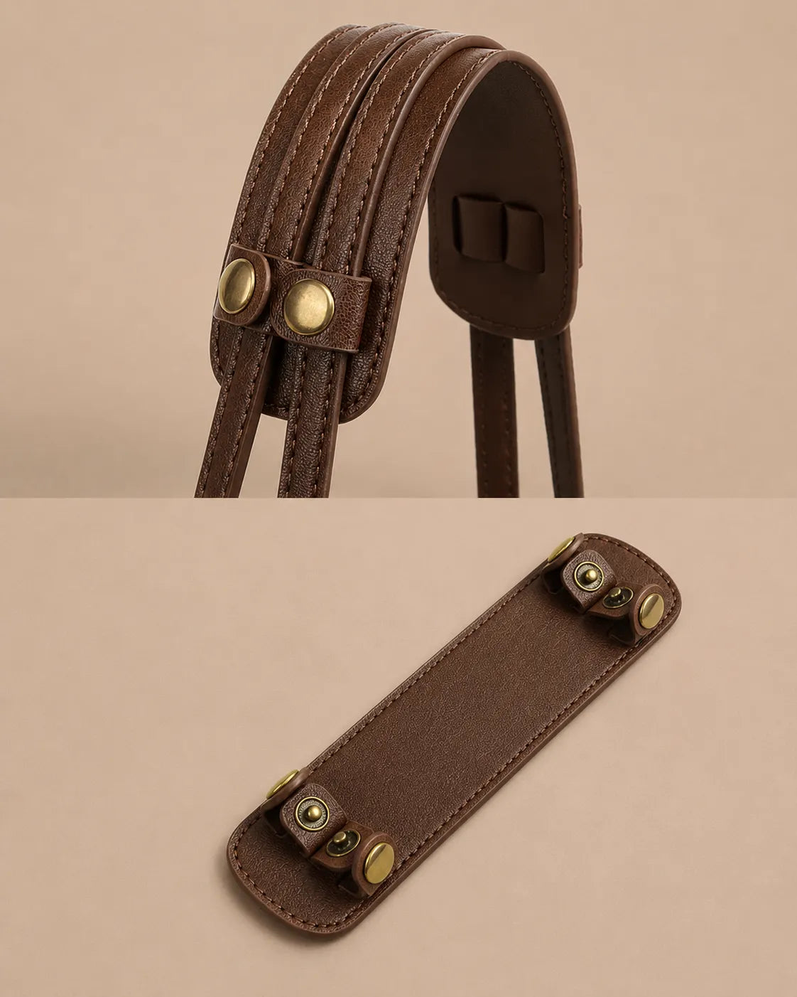 Detailed view of the Emilia Tote adjustable shoulder strap system with refined stitching and antique brass hardware.