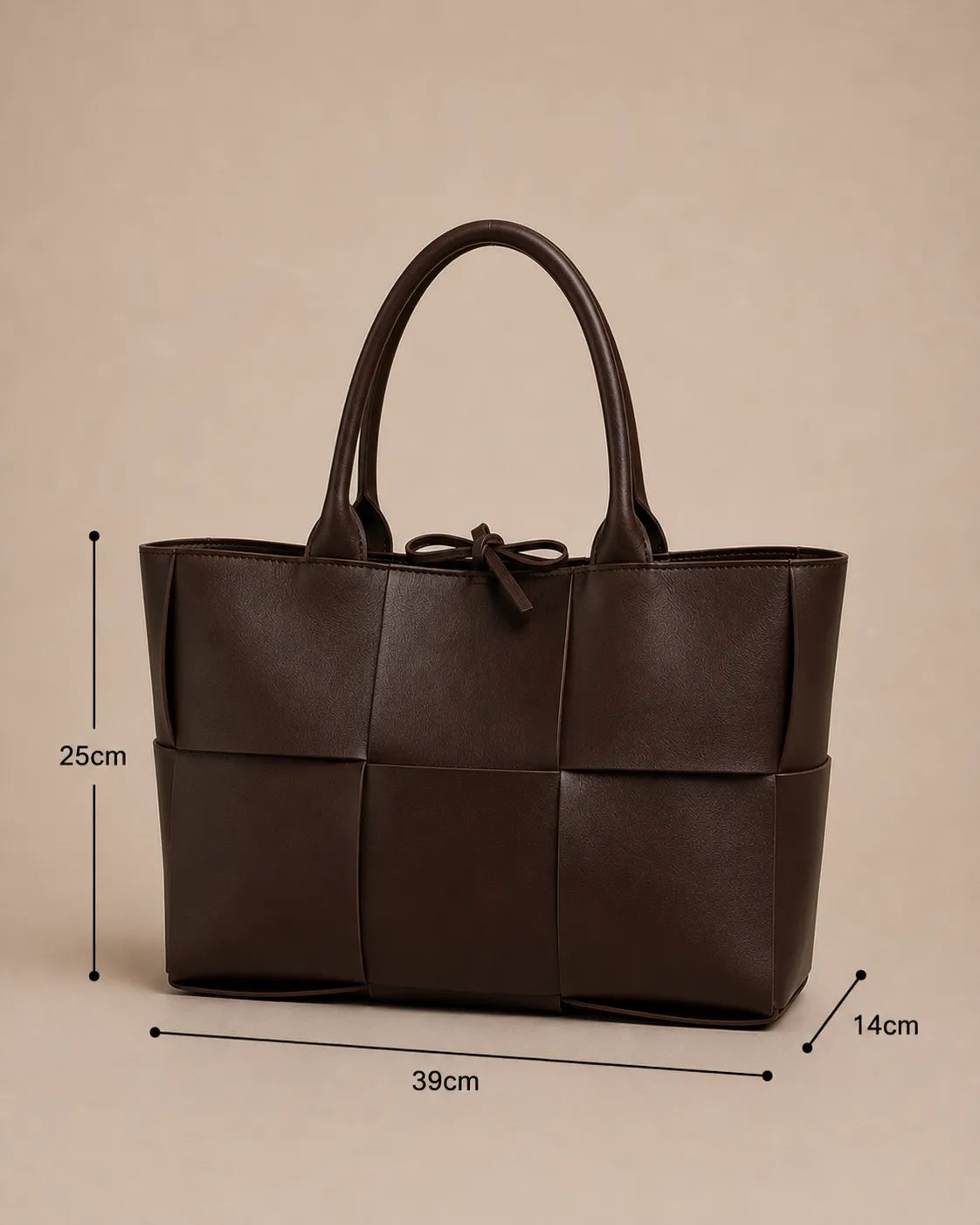 Dimensions of the Florence large woven leather tote bag measuring 39 cm x 25 cm x 14 cm.