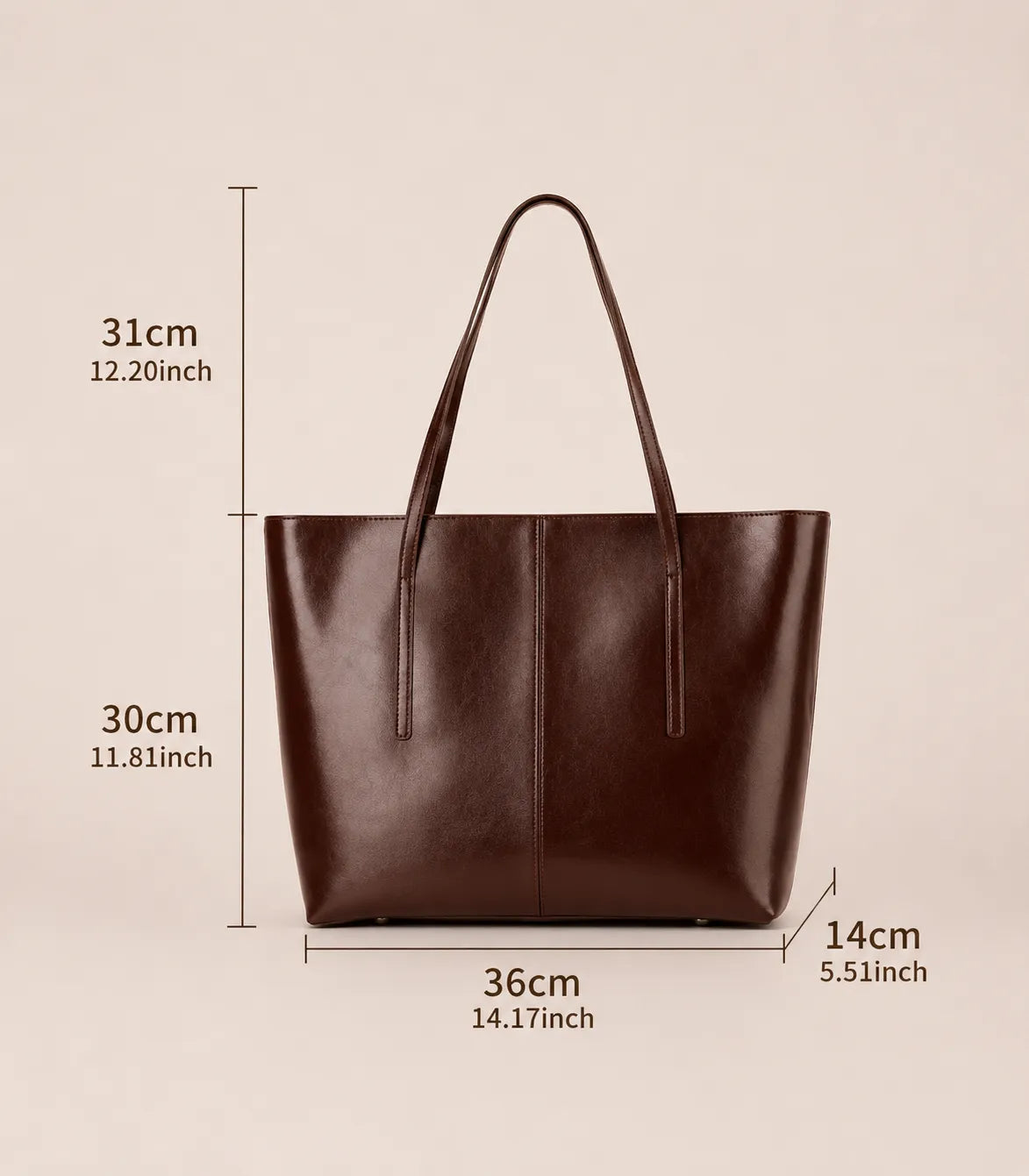 Margaux dark chocolate leather tote bag with dimensions showing 36 cm width, 30 cm height, 14 cm depth and 31 cm handle drop