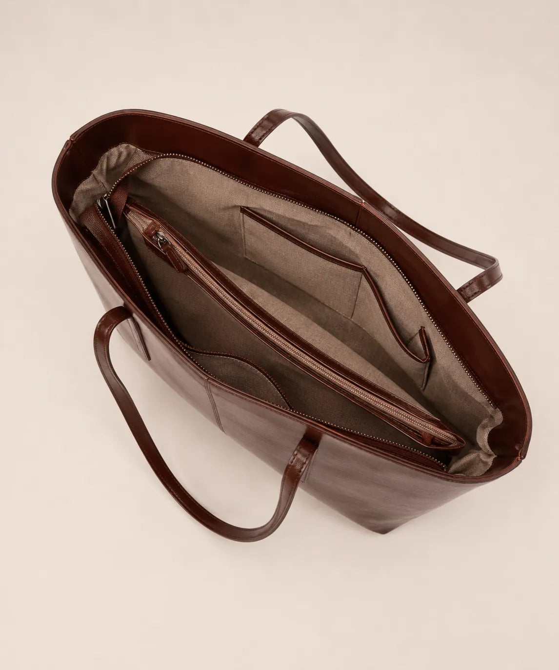 Margaux large leather tote bag interior view with zip compartment, slip pockets and spacious organisation