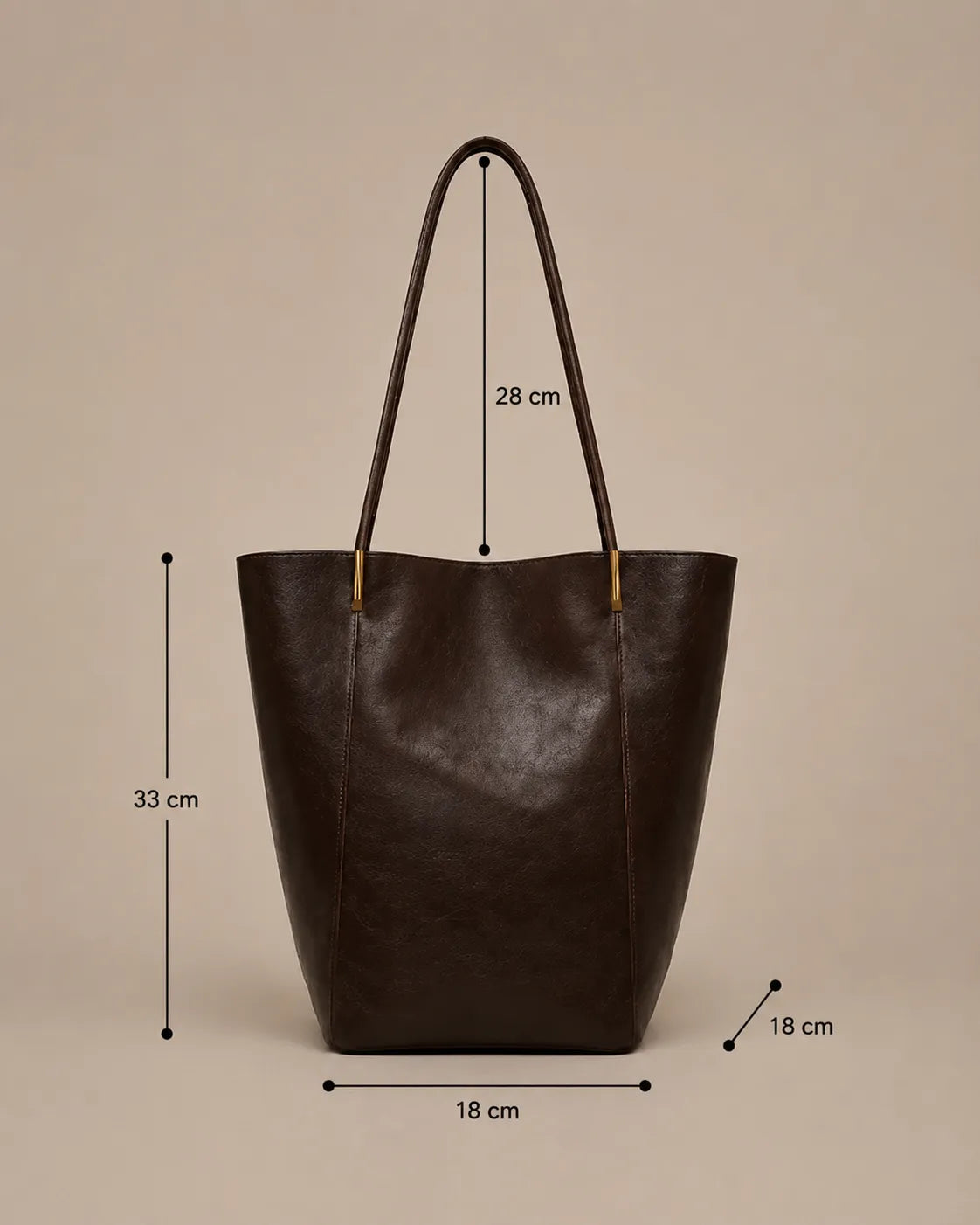 Dimensions of the Margot Tote in dark chocolate leather, showing a spacious vertical design with generous capacity for everyday essentials.