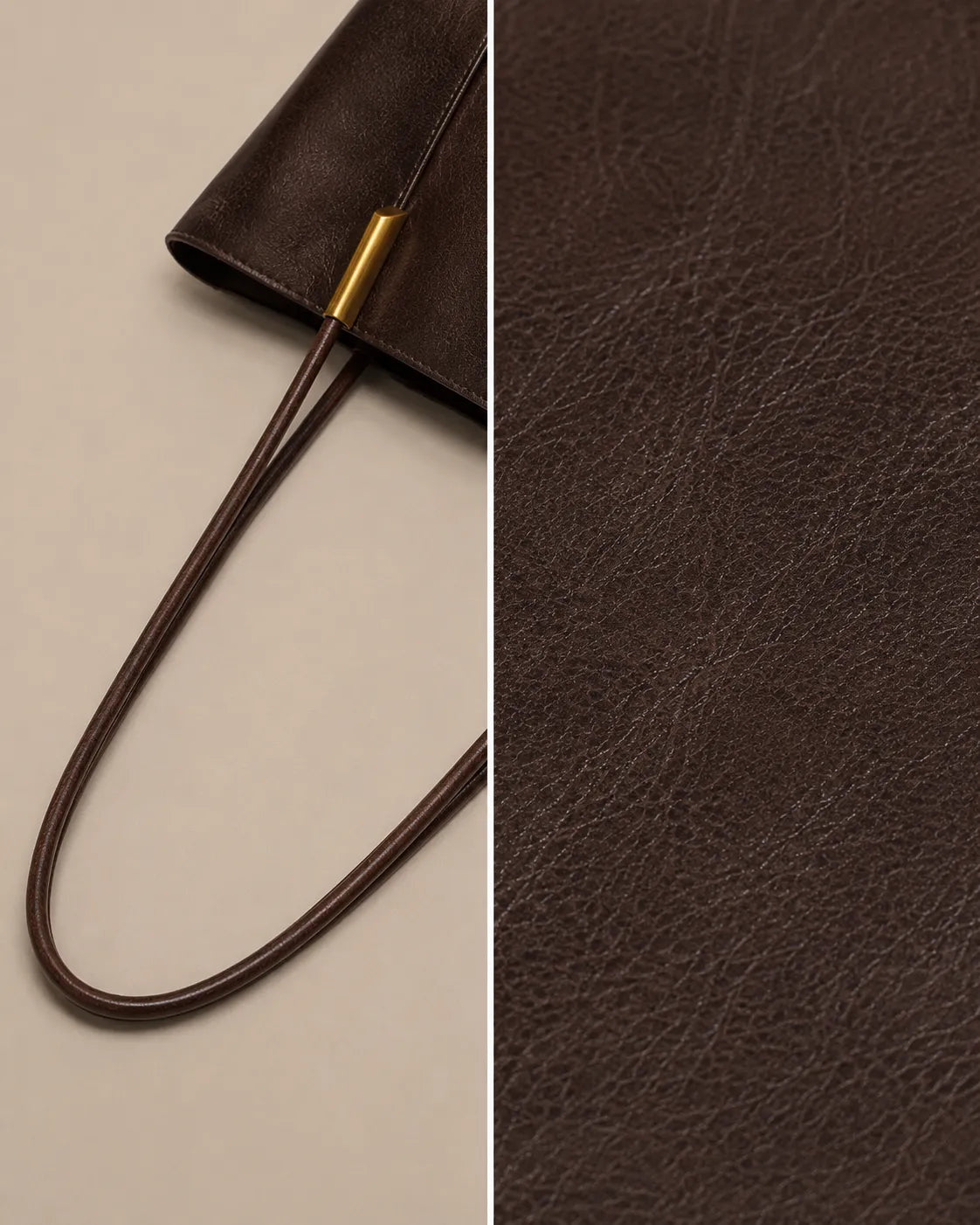 Close-up detail of the Margot Tote in dark chocolate genuine leather, showcasing the slim shoulder straps, gold-tone hardware and rich natural leather texture.