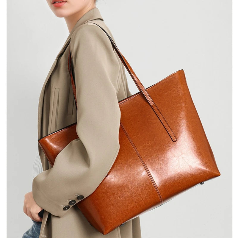 BURMINSA Vintage Genuine Leather Tote Bags For Women Luxury Elegant Office Work Shoulder Handbags Large Capacity Shopping Purses
