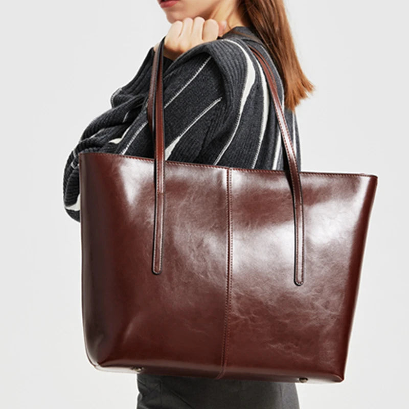 BURMINSA Vintage Genuine Leather Tote Bags For Women Luxury Elegant Office Work Shoulder Handbags Large Capacity Shopping Purses