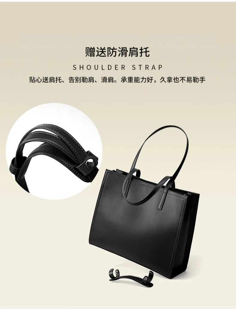 YANATARI NEW Large capacity tote bag Luxury Briefcase Leather business laptop bag Black shoulder bag Simple cowhide handbag