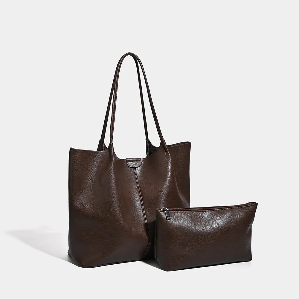 Minimalist Retro Large Capacity Soft Leather Tote Bag Fashionable Commuter Mother-Child Single Shoulder Bag for Autumn Winter
