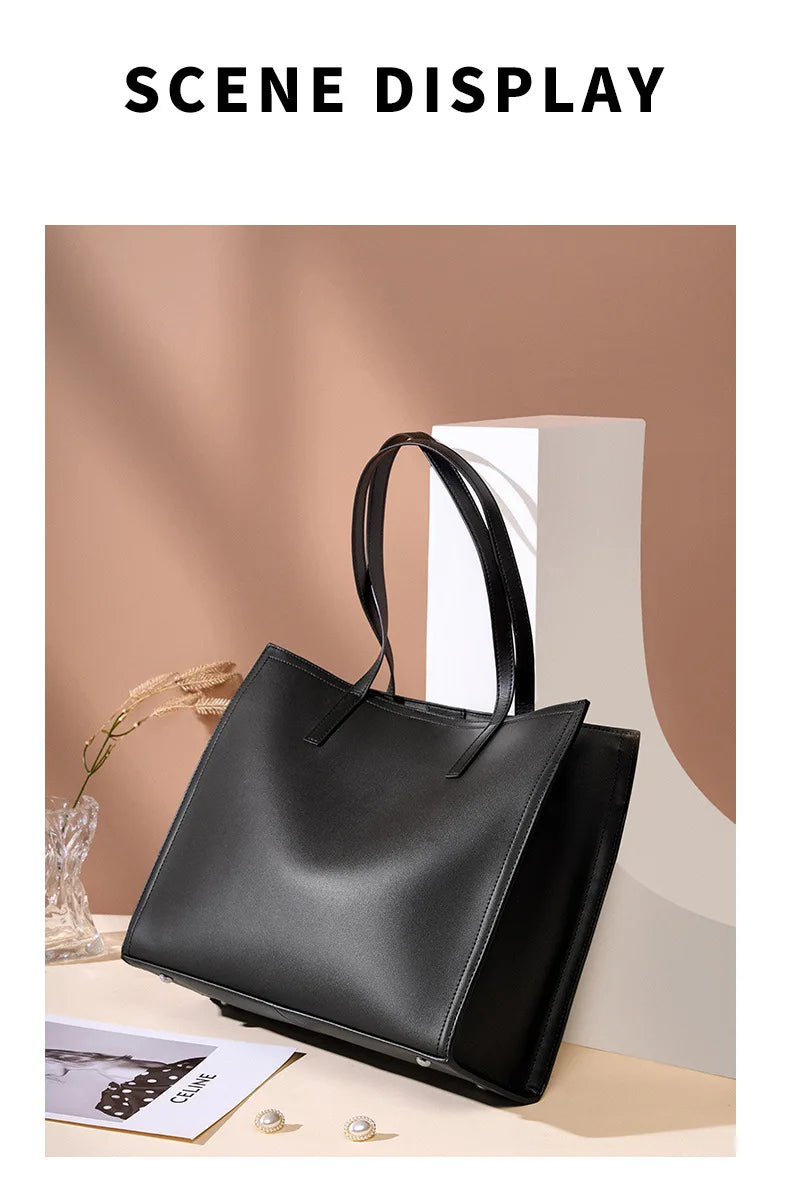 YANATARI NEW Large capacity tote bag Luxury Briefcase Leather business laptop bag Black shoulder bag Simple cowhide handbag