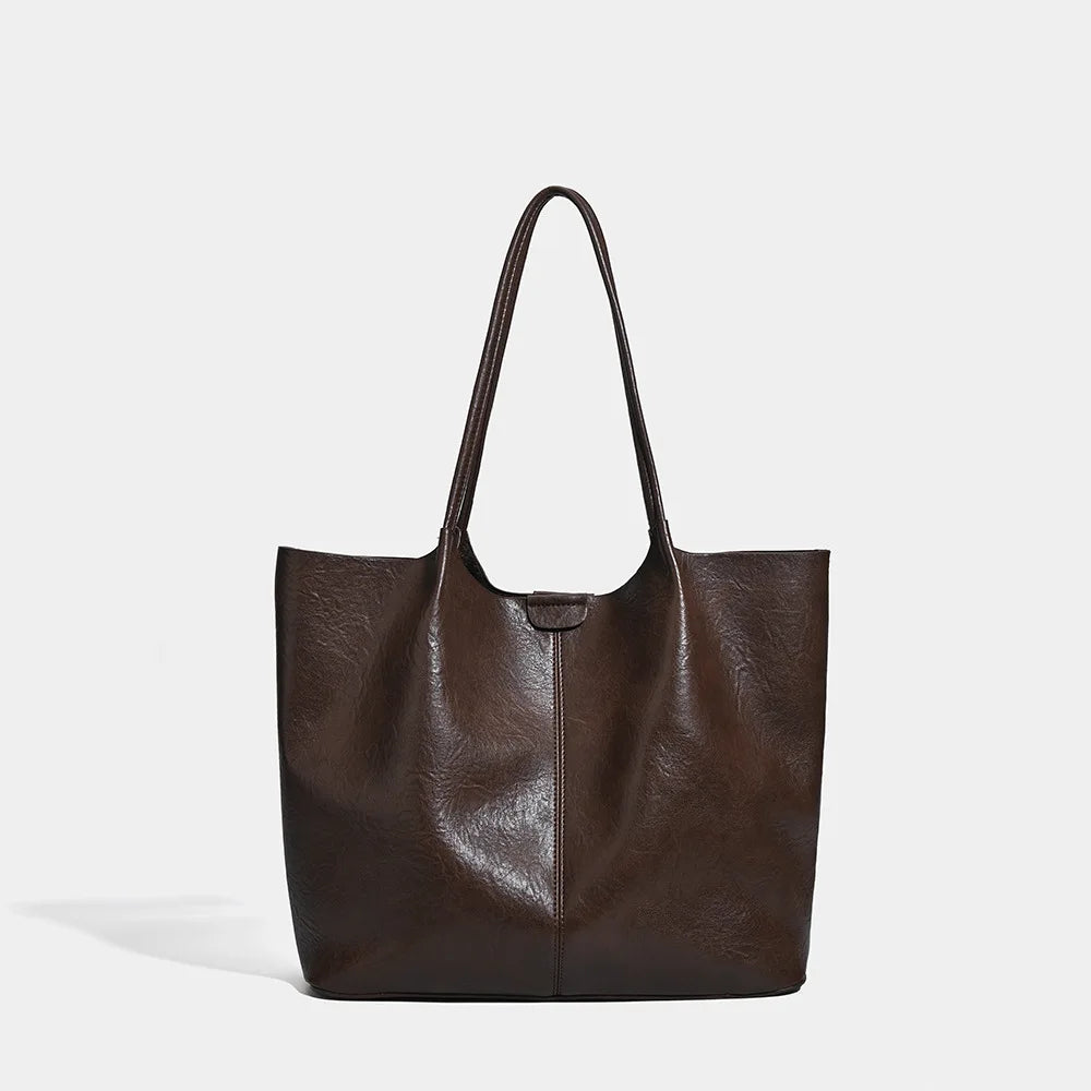 Minimalist Retro Large Capacity Soft Leather Tote Bag Fashionable Commuter Mother-Child Single Shoulder Bag for Autumn Winter