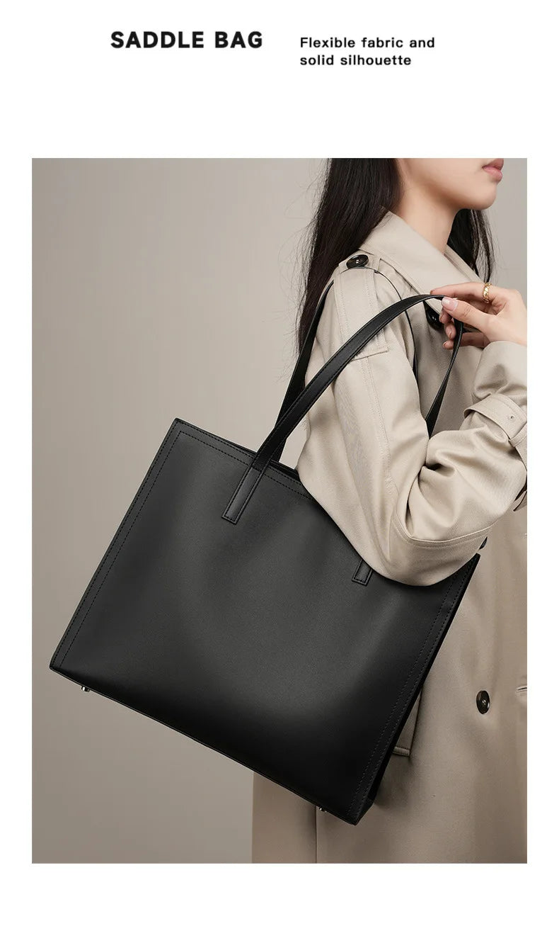 YANATARI NEW Large capacity tote bag Luxury Briefcase Leather business laptop bag Black shoulder bag Simple cowhide handbag