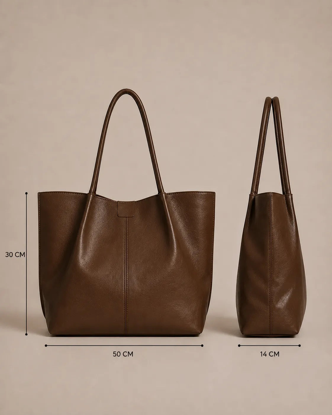 Dimensions of the Valentina Tote in dark chocolate leather measuring 50 cm width, 30 cm height and 14 cm depth.